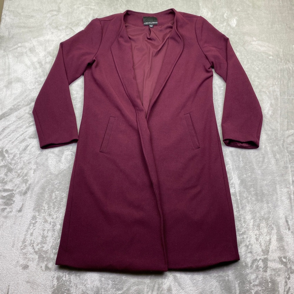 Harlowe & Graham Open Front Long Jacket Burgundy Textured Long Sleeve Trench